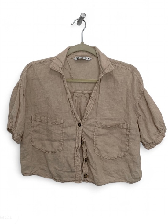 Zara Tops - Zara Beige Cropped Linen Short Sleeve Button-Front Top